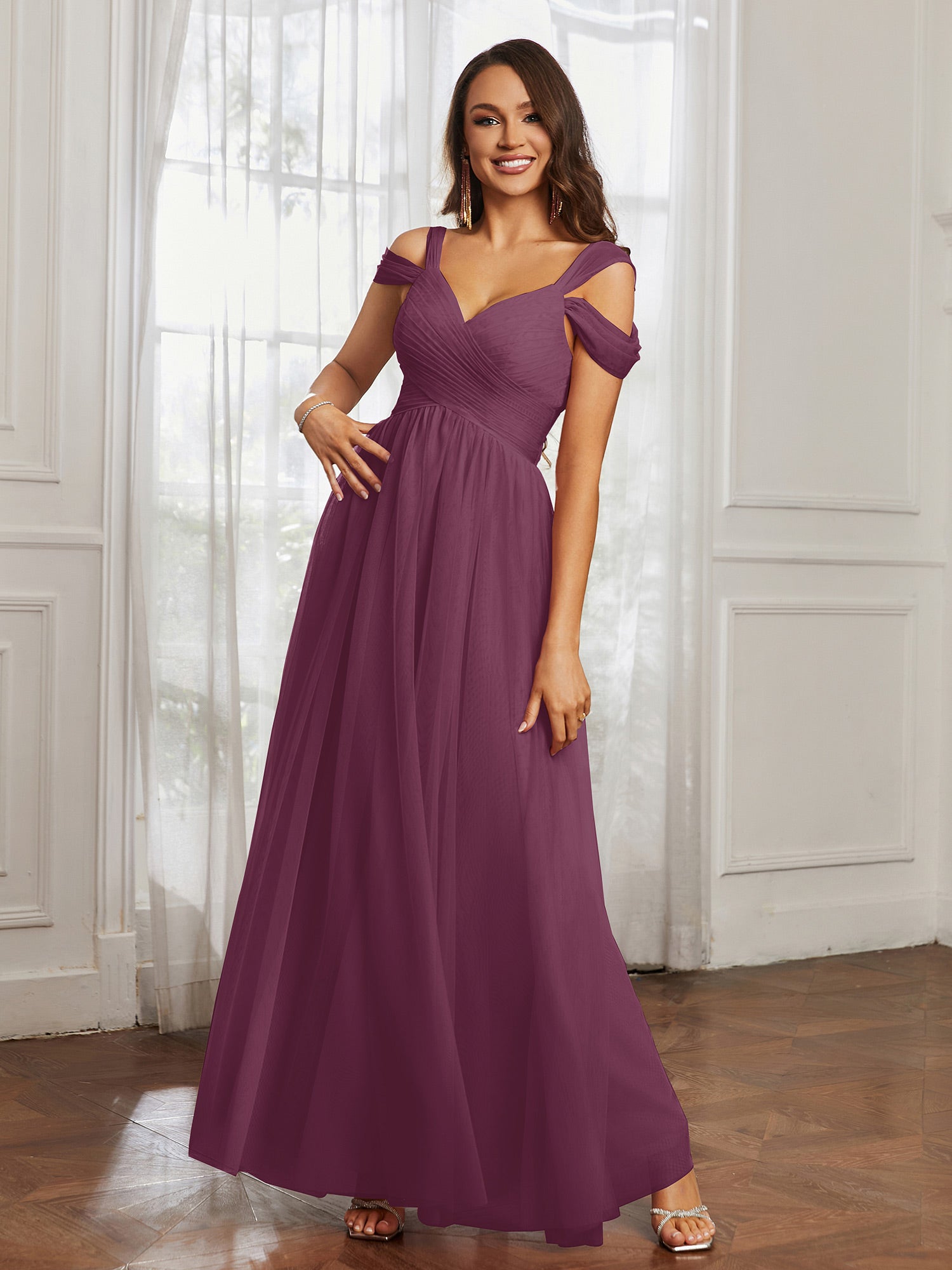 Off-the-shoulder Ruched Tulle A-line Dress Mulberry